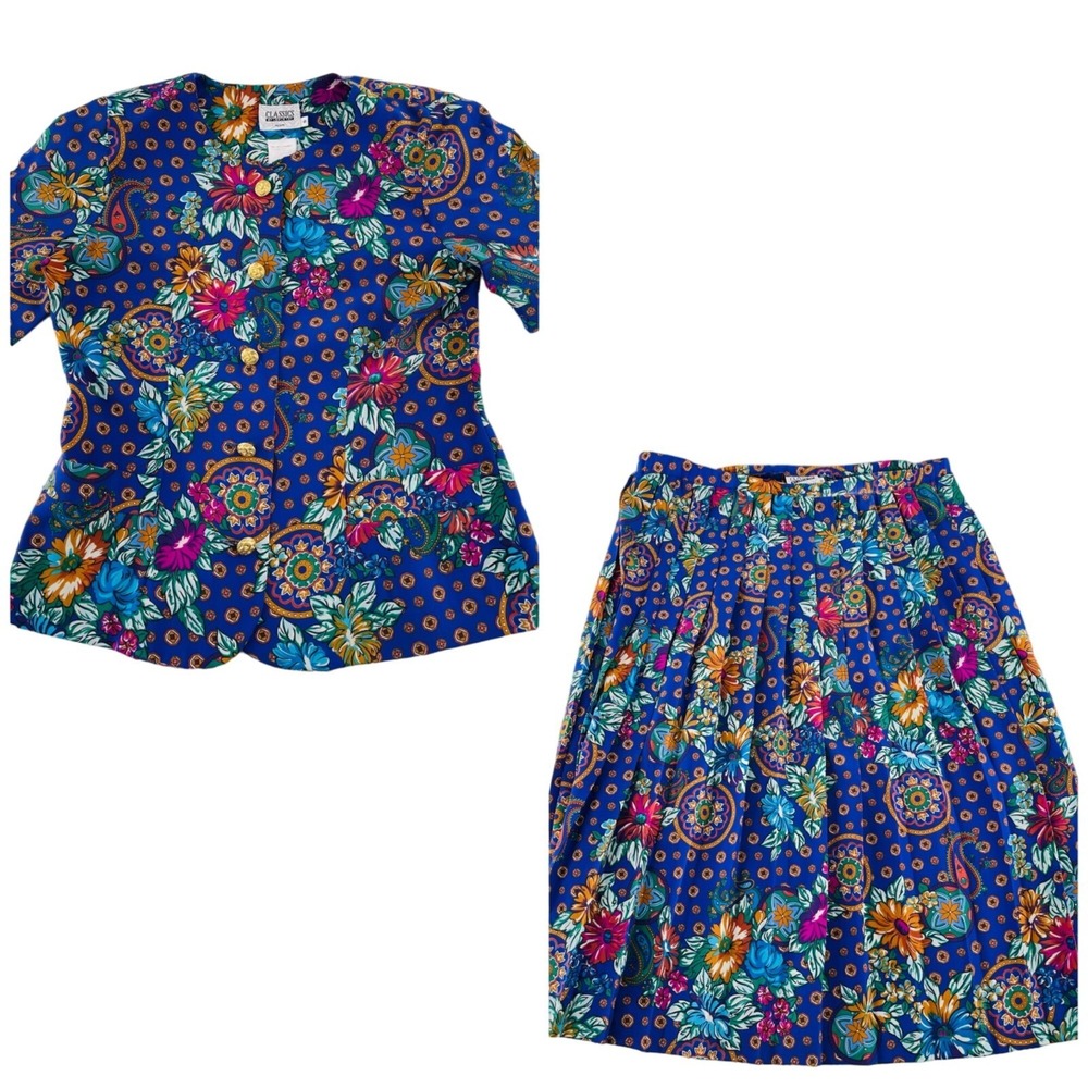 Classics by Leslie Fay Vintage‎ Floral Paisley Skirt Set Blue Petite 8 2PC Suit
